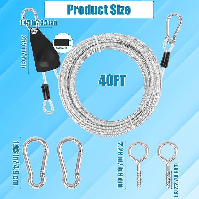 20FT/ 40FT Retractable Travel Clothesline, Adjustable Outdoor Clothesline Drying Clothes Line Laundry for Travel Camping, with Ratchet Pulley/ 2 Screws/ 2 Buckles (Black+Silver, 472, Inches)