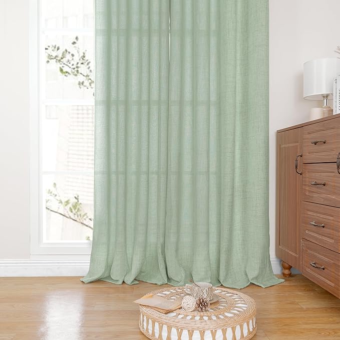 YoungsTex Sage Green Linen Curtains 78 Inches Long for Living Room, Semi Sheer Window Drapes Light Filtering with Rod Pocket Back Tab for Office Bedroom, 2 Panels, 52 X 78 Inch