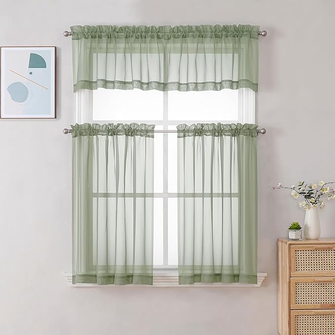 Chyhomenyc Sage Green Sheer Curtains 30 inch Length 2 Panels, Light Filtering Voile Rod Pocket Short Window Curtians for Bathroom Living Room Farmhouse Small Windows, 42Wx30L inches