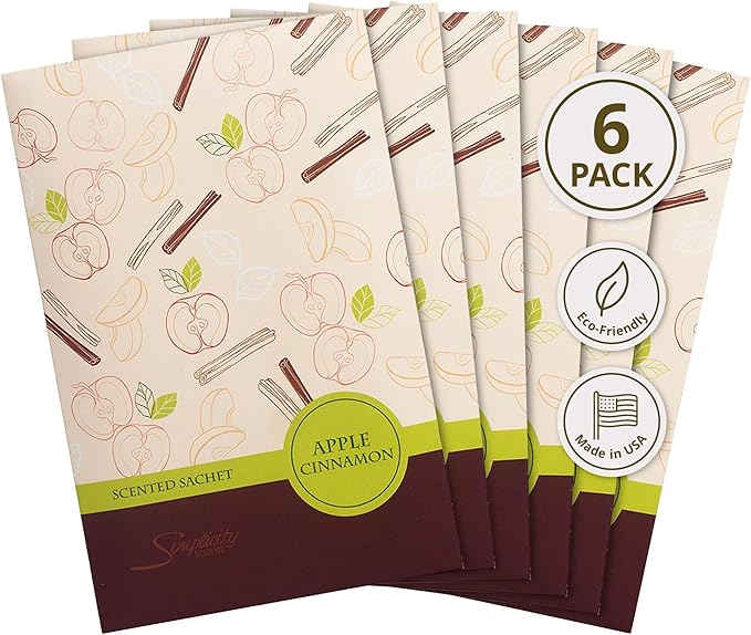 Simplicity Scents Apple Cinnamon Scented Sachets Pack of 6, Fall & Winter - Long-Lasting Scented Bags, Home Fragrance, Air Freshener & Deodorizer for Closet, Room, Drawer, or Cars, Made in USA