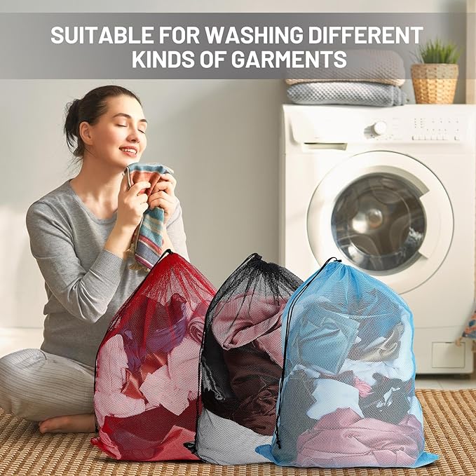 Berlune 12 Pcs Large Laundry Bag Colorful Extra Large Mesh Laundry Bag Bulk with Drawstring Heavy Duty Mesh Machine Washable Drawstring Pouch (32 * 24in)