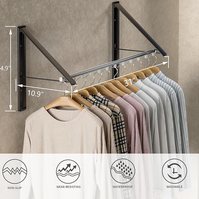 Dr.DJ Clothes Drying Rack with Rod, Wall-Mounted Retractable & Foldable Clothes Hanger for Laundry Room Organization and Storage, Metal Clothes Hanger Rack for Dorm, Closet, Balcony 2Rack, 1Rod Black