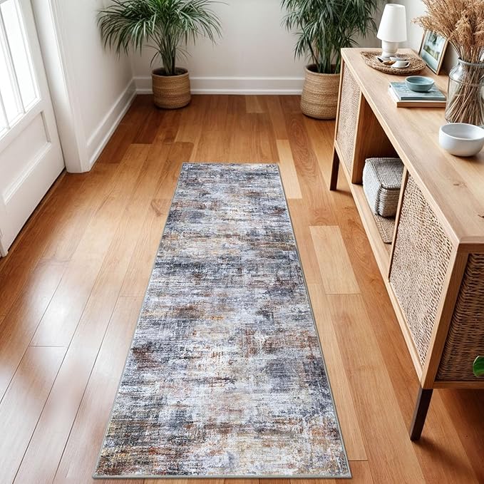 IOHOUZE Abstract Runner Rug 2x7 Ft Washable Runners for Hallways, Non Slip Kitchen Runner Printed Faux Wool Entryway Runners Indoor, Modern Abstract Floor Carpet for Hall Kitchen Bedroom, Orange Grey
