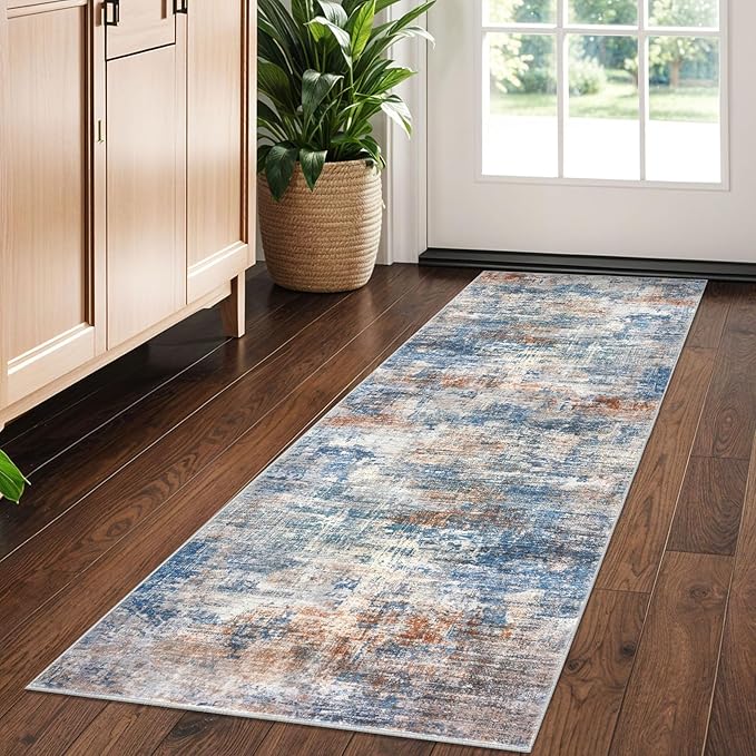 IOHOUZE Abstract Runner Rug 2x5 Ft Washable Runners for Hallways, Non Slip Kitchen Runner Printed Faux Wool Entryway Runner Indoor, Modern Abstract Floor Carpet for Hall Bedroom, Blue Rust