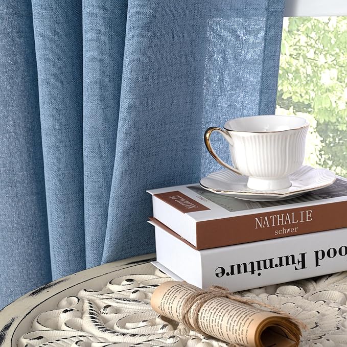 YoungsTex Denim Blue Linen Semi Sheer Curtains 84 Inches Long for Living Room 2 Panels, Light Filtering Drapes with Rod Pocket Back Tab Privacy for Bedroom Dining Room Office, 52 x 84 Inch