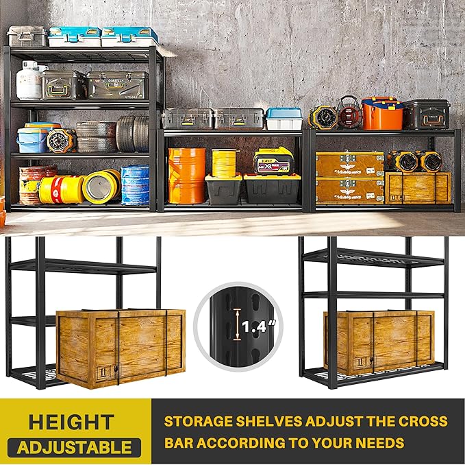 REIBII 40" W Garage Shelving 2240 LBS Storage Shelves Adjustable Heavy Duty Shelving 4 Tier Metal Shelves for Storage 59.5"H Metal Shelf for Pantry Basement Warehouse 40"W × 19.5"D × 59.5"H, 4 Pack