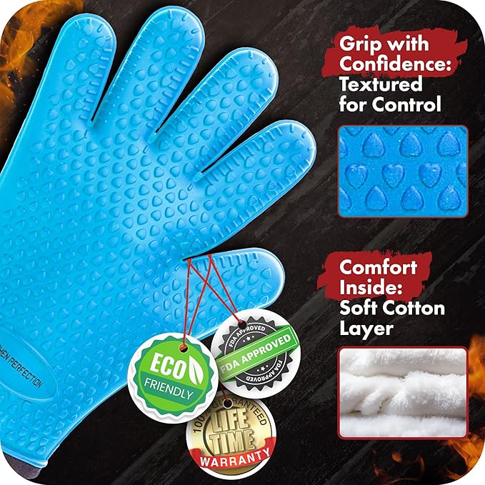 KITCHEN PERFECTION XL Silicone Smoker Oven Gloves-Extreme HeatResistant Gloves-Handle Hot Food Right on Your Grill BBQ Fryer&Pit|Waterproof Grilling Cooking&Baking Mitts|Superior Value Set+3 Bonuses