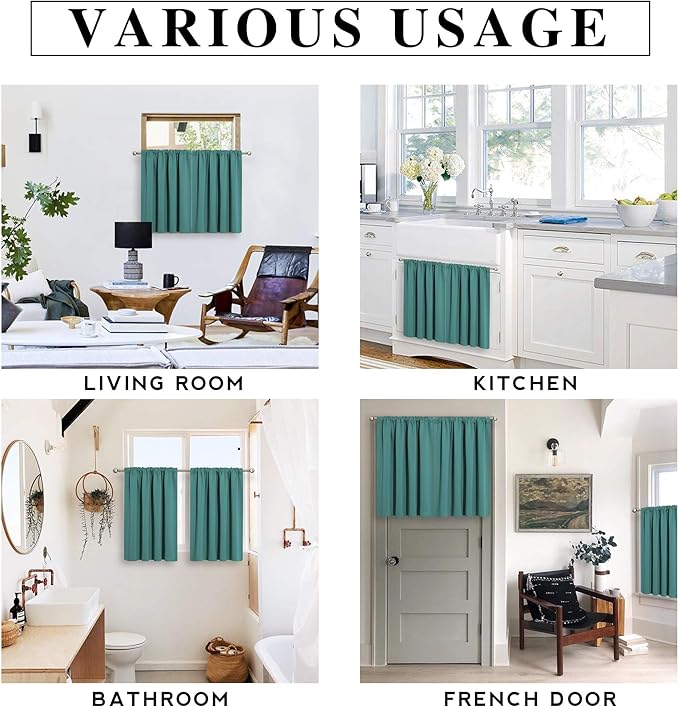 RYB HOME Bathroom Window Curtains - Super Soft Blackout Privacy Curtains for Baby Nursery Bedroom Basement Garege Workshop Kitchen Dining Living Room, W 29 x L 30, Teal, 2 Pcs