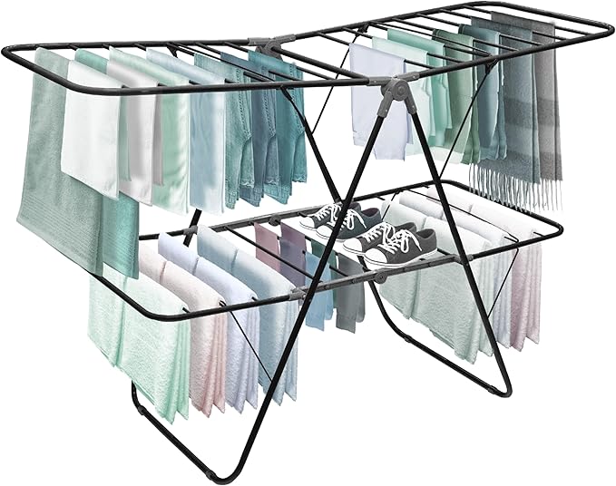 Brookstone 2 Tier Folding Rack – Indoor/Outdoor Collapsible Clothes Dryer Stand Laundry or Shoe Rack,Heavy Duty Freestanding Garment Hanger, Foldable, Portable Air Dry Holder