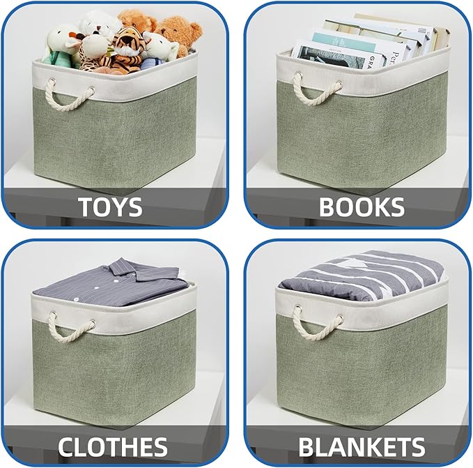 Temary Storage Baskets Fabric Storage Bins for Shelves, 2 Pack Decorative Storage Boxes Canvas Storage Basket with Handles for Organizing Clothes, Books(White&Green,16Lx12Wx12H Inches)