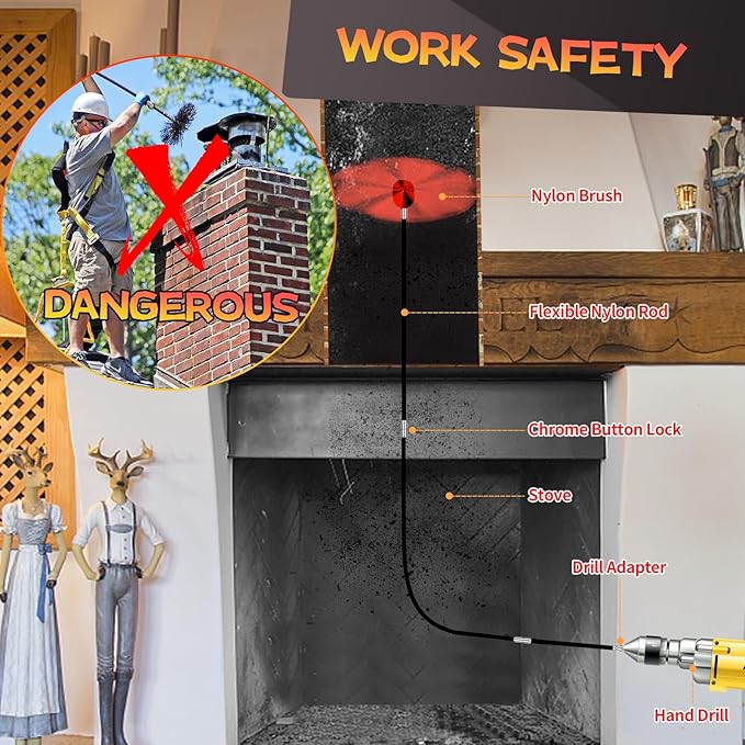 26 Feet Chimney Sweep Kit, Chimney Cleaning Kit with 8 Flexible Black Chimney Rods, Chimney Brush for Sweeping Fireplace, Rotary Chimney Cleaning System Driven by Drill
