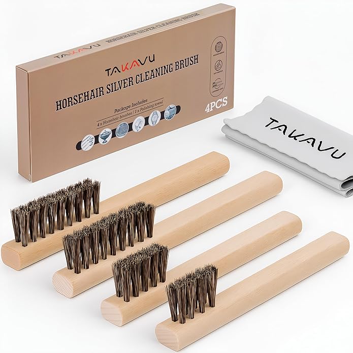 TAKAVU Horsehair Detail Brush Set, Silver Cleaning Brushes & Polish Cloth for Silverware Plateware Jewelry
