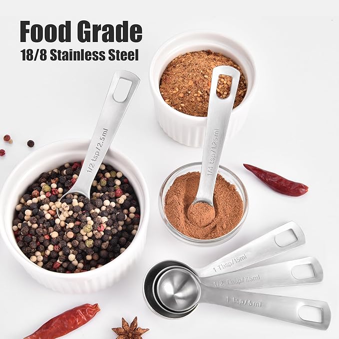 Doosu Measuring Spoons Set of 9-18/8 Stainless Steel Heavy Duty Teaspoons Tablespoons with Engraved Metric & US Measurements, Metal Measure Spoon for Dry and Liquid Ingredients, Dishwasher Safe