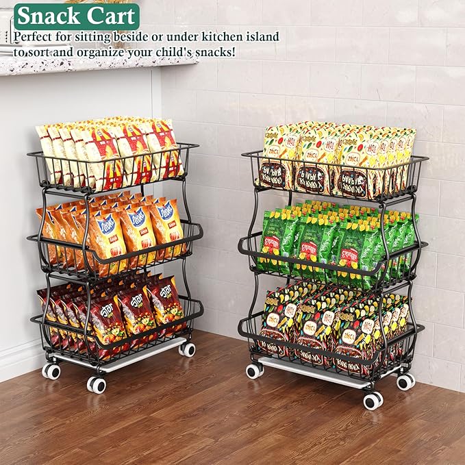 3-Tier Rolling Pantry Floor Organizer and Storage Cart with Wheels, Stackable Wire Pantry Baskets for Pantry Shelves, Kitchen Fruit Basket Stand and Storage Rack for Fruit Snack Onion Potato