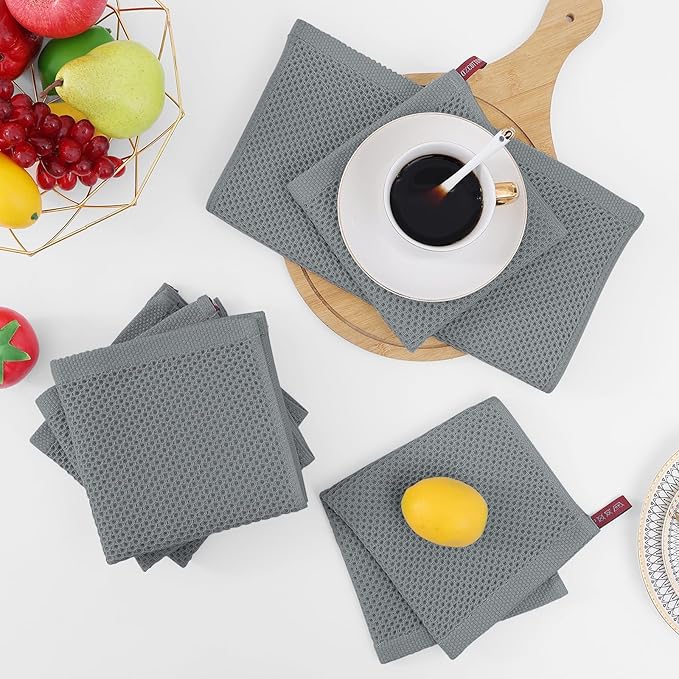 Homaxy 100% Cotton Waffle Weave Kitchen Dish Cloths, Ultra Soft Absorbent Quick Drying Dish Towels, 12 x 12 Inches, 6-Pack, Grey