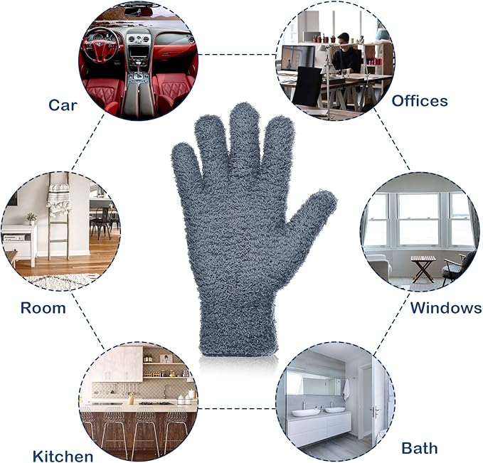 Patelai 2 Pairs Microfiber Gloves for plants Dusting Cleaning Glove Mittens House Cars Blinds Dusting(Gray, Dark Blue, Large)