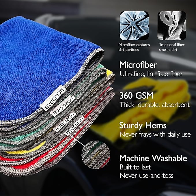 EvaClean Premium Microfiber Cleaning Cloth 16"x16" - Reusable, Washable, Non-Scratch, Microfiber Towels for Cleaning, Dusting, Polishing, High Absorbency & Durability, Blue, 12-Pack