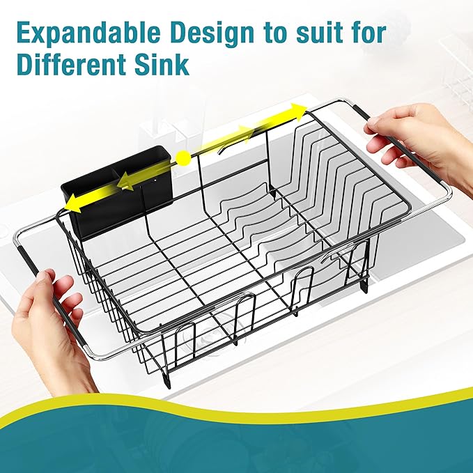 JASIWAY Dish Drying Rack in Sink, Over The Sink Colander Strainer Basket, Stainless Steel Strainer Basket with Expandable Rubber Grip Handles for Vegetables, Fruits, Home Kitchen Essentials, Black