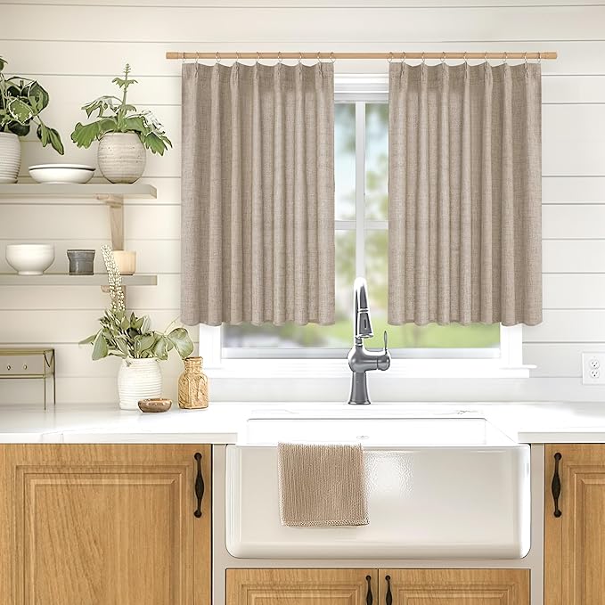 YoungsTex Oatmeal Linen Curtains 36 Inch Length for Short Kitchen Window, Textured Small Drapes Light Filtering for Cafe Bedroom Bathroom Back Tab, 2 Panels, 40 X 36 Inch