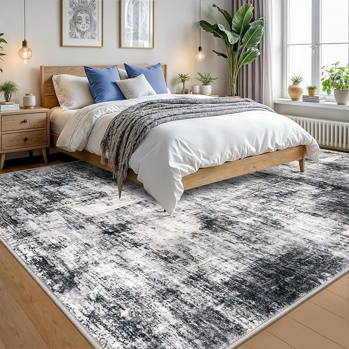 IOHOUZE Abstract Area Rugs 9x12 Ft Washable Large Rugs for Living Room, Non Slip Dining Room Rug, Printed Rugs for Bedroom, Floor Carpet for Office Nursery Playroom, Black Grey
