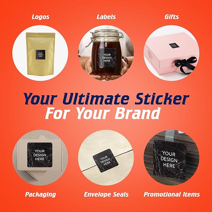 100 Custom Vinyl Stickers - Upload Your own Image, Text, Design, Logo - Personalized Logo Labels for Handmade, Packaging, Bottle, Jars, Candle, Brand Stickers (Black Marble, 2x2 Square)