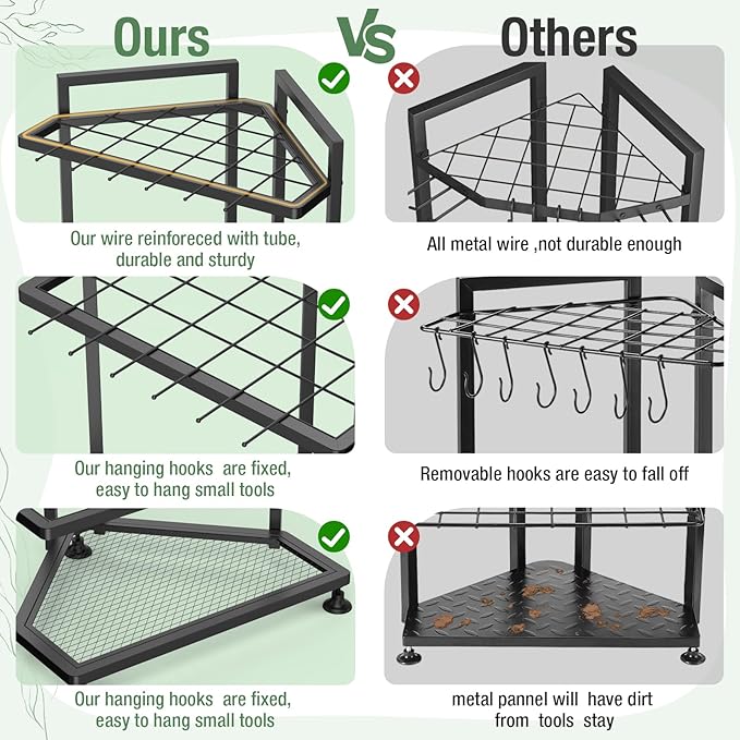 Garden Tool Organizer for Corner,Metal Yard Tool Organizer for Long-Handled Tools/Rakes/Brooms,Side Garden Pocket,Heavy Duty Steel Yard Tool Storage Rack for Garage,Shed, Outdoor