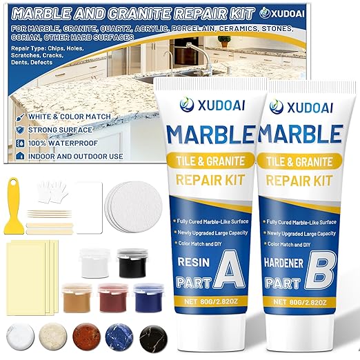 Marble and Granite Repair Kit (Color Match), 160g/5.64oz Quartz Countertop Repair Kit for Chips Holes Dents Defects Scratches Cracks, DIY Fix Reattaches Porcelain Tile Sink Stone Other Hard Surfaces
