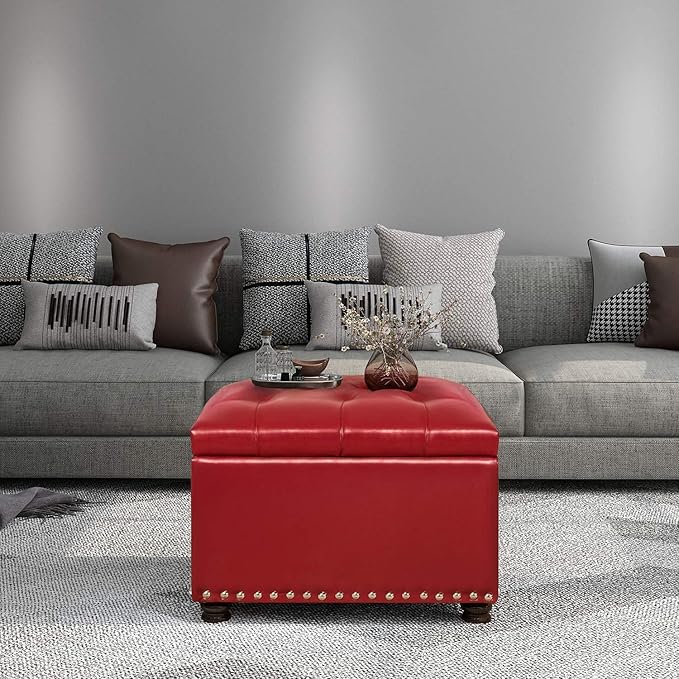 24'' Leather Storage Ottoman Rectangular Foot Rest Stool with Nailhead Trim for Bedroom Living Room(Red)