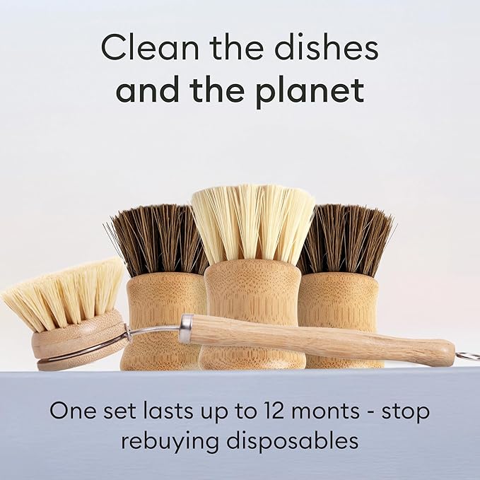 Vove Dish Brush Bundle - FSC-Certified Bamboo Dish Brush & Scrub Brush, 3 Replacement Heads - Natural Fiber Bristles - Non-Toxic, Plastic-Free Kitchen Set