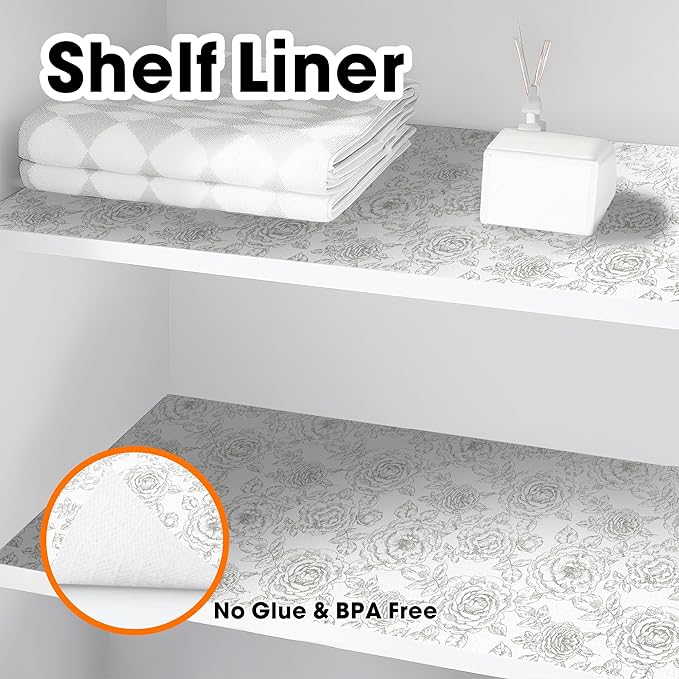 Drawer and Shelf Liners for Kitchen Cabinets Non-Adhesive Cabinet Liners Strong Grip Non Slip Waterproof Contact Paper for Cabinets and Drawers Shelves Cupboard,Flower,12IN X 20FT