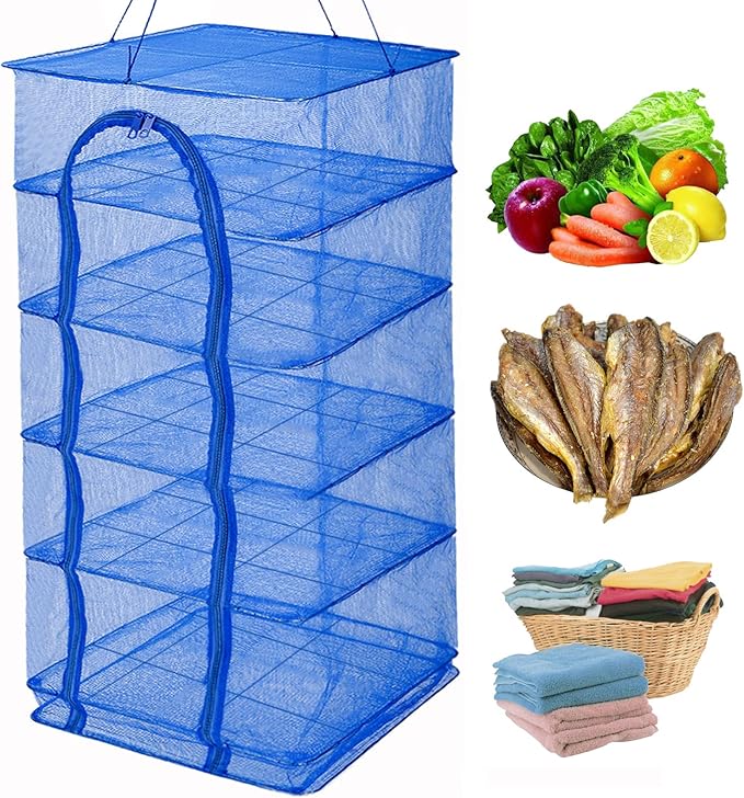 Drying Rack 6 Layers Folding Fish Mesh, Foldable Nylon Netting, Hanging Drying Fish Net, for Shrimp Fish Fruit Vegetables Herb, with Zipper Opening-Blue (37.4X19.6X19.6 in)…
