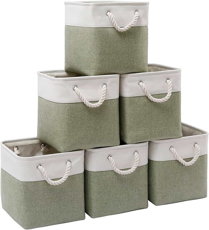 Cube Storage Bins, Collapsible Fabric Storage Cubes Bins, 11 Inch Cube Storage Bins with Handles, Foldable Storage Cubes (White/Green, 6Pack)