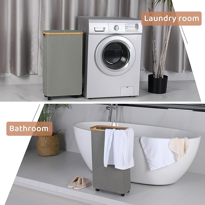 Slim Laundry Basket with Wheels,Narrow Hampers for Laundry, Laundry Hamper with Lid&Bamboo Handles,Dirty Clothes Hamper for for Bathroom Bedroom Dorm, 60L Grey