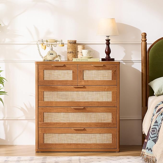LEYAOYAO Rattan Dresser for Bedroom Set of 2, 33.5" Tall Chest of Drawers, Modern 5 Drawers Boho Dressers with Storage, Vintage Brown Dresser Wooden Closet Organizer for Living Room, Hallway