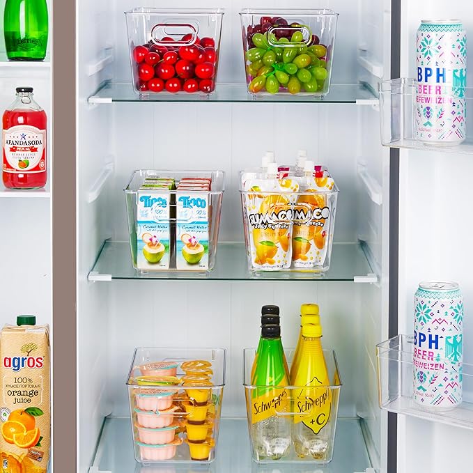 Vtopmart Clear Plastic Pantry Organizer Bins, 2 PCS Food Storage Bins with Handle for Refrigerator, Fridge, Cabinet, Kitchen, Countertops, Cupboard, Freezer Organization and Storage, BPA Free, Medium
