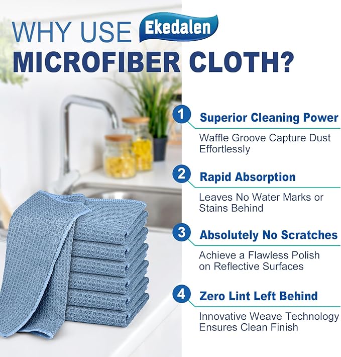Microfiber Cleaning Cloth Waffle Weave for Dusting Absorbent Towel Quick Drying Dust Rags Household Kitchen, Lint Free Streak Free, 6 Pack,12 x 12 Inches, Blue