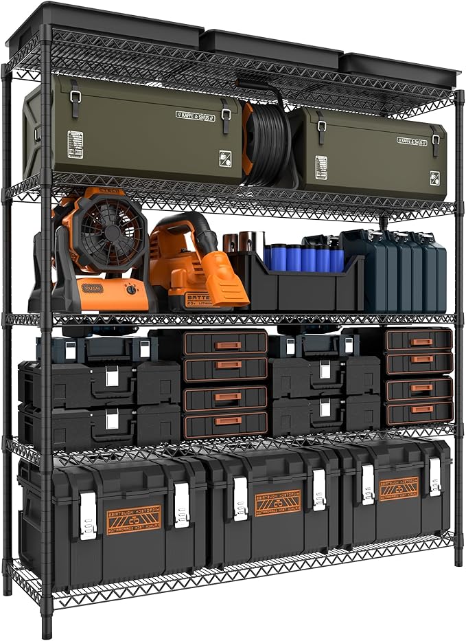 5 Tiers Storage Shelves Load 3300LBS, Metal Shelving Wire Metal Shelving Unit Shelves for Storage Adjustable Garage Shelving for Pantry Kitchen Garage Black 17.7" D x 59.1" W x 70.4" H