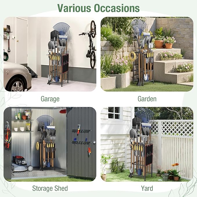 Garden Tool Organizer,Metal Yard Tool Organizer,Holds 50 Long-Handled Tools/Rakes/Brooms,Side Garden Pocket,Heavy Duty Steel Yard Tool Storage Rack for Garage,Shed, Outdoor