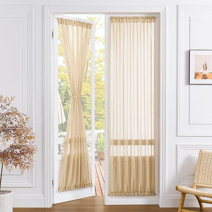 Tollpiz Sheer Curtain Closet Linen Textured Curtain Sheers Doorway Light Filtering Voile French Door Rod Pocket Curtains Patio Glass Door, 25 x 80 inches Long, Beige, Set of 1 Panel