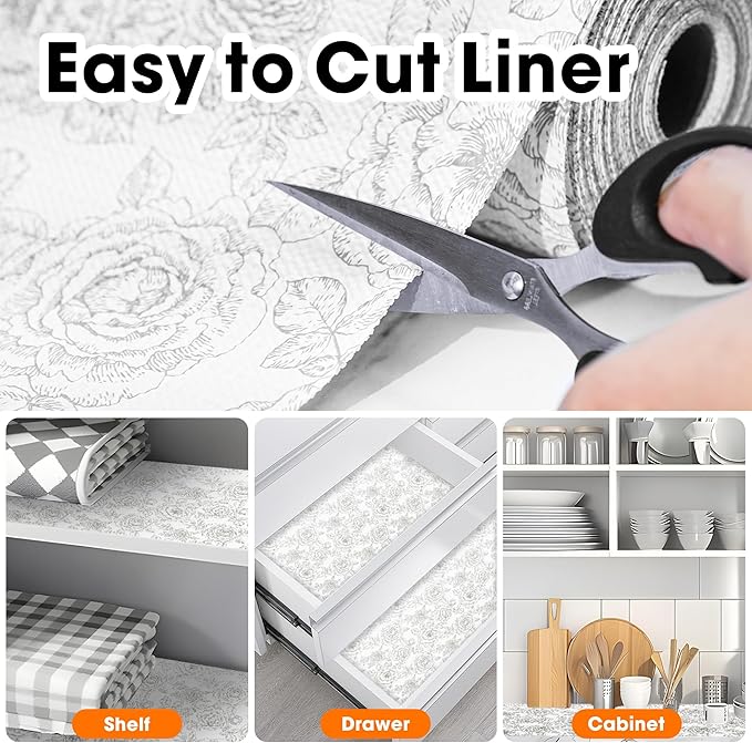 Drawer and Shelf Liner for Kitchen Cabinets Non-Adhesive, Non-Slip Cabinet Liner Shelf Paper Strong Grip Waterproof Easy to Clean for Kitchen Shelves Cupboard, Flower,23.6IN X 20FT