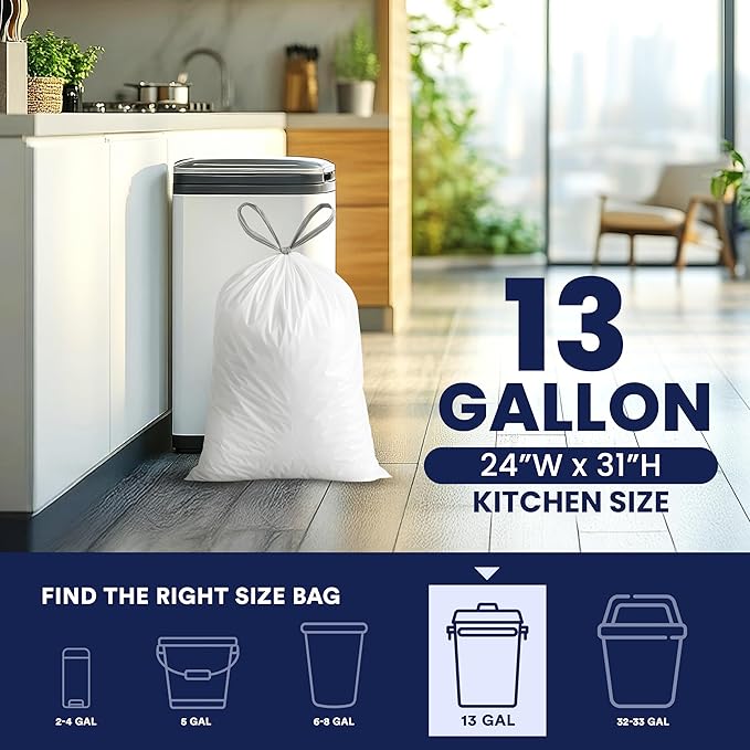 Plasticplace 13 Gallon Trash Bags │ 1.2 Mil │ White Extra-Large Drawstring Garbage Can Liners │ 24" x 31" (50 Case)
