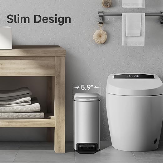 TIPGO Slim Bathroom Trash Can with Lid Soft Close, Step Pedal, 6 Liter / 1.6 Gallon Stainless Steel Trash Bin, Small Garbage Cans for Bedroom, Office, Kitchen (Silver)