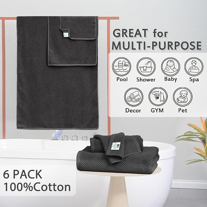 VOOVA & MOVAS Gray Towels - 100% Cotton | Lightweight | Quick Dry | Thick | Soft, Towel Set of 6, 2 Large Bath 30" x 56", 2 Hand 18" x 28", 2 Washcloths 13" x 13", Towel Gift Set, Dark Grey