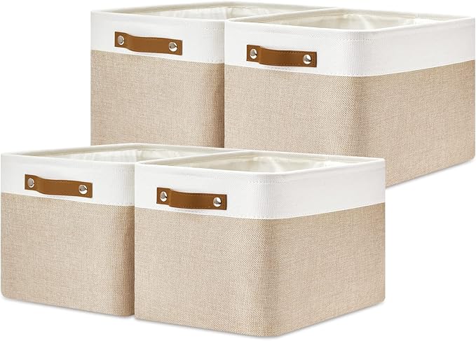 DULLEMELO Fabric Storage Bins for Laundry, Home, Foldable Storage Baskets for Shelves, Toys, Collapsible Storage Bins for Office, Closet,Bedroom(White&Khaki,15"x11"x9.5",4-Pack)