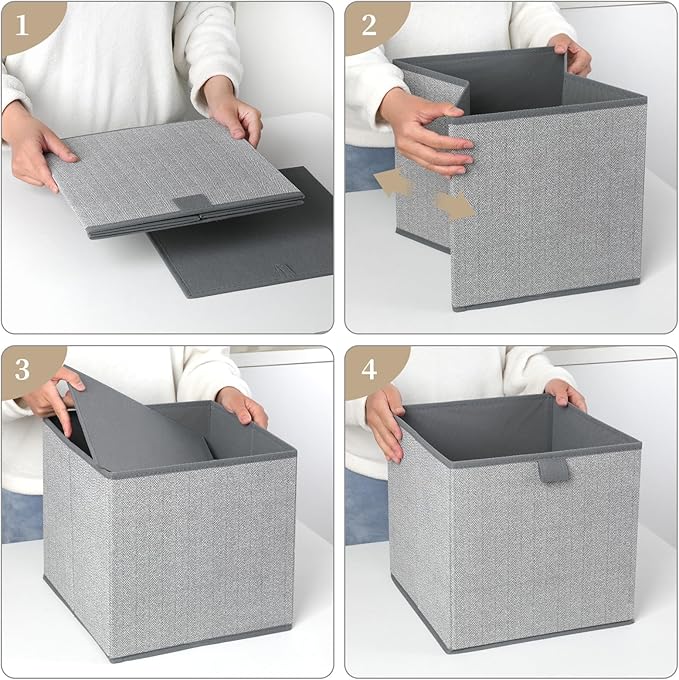Storage Baskets, 11.8-Inch Woven Fabric Bins, Storage Cubes with Reinforced Handles, Organizer Bins for Closet Shelves, Foldable, for Toys, Clothes, Natural Beige (4PCS/Grey-11.8*11.8*11.8inch)