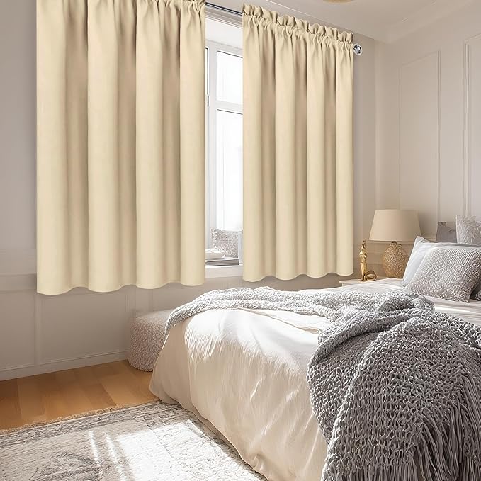 DWCN Beige Curtains for Bedroom Thermal Insulated Room Darkening Drapes for Living Room Rod Pocket Light Blocking Solid Window Treatment, W 38 x L 63 Inch, 2 Panels, Beige