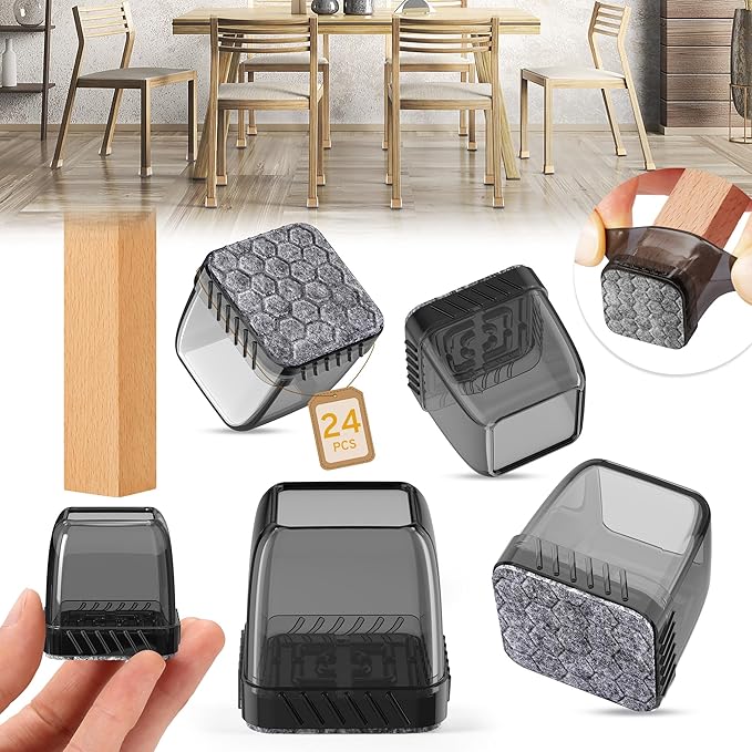 24PCS Square Chair Leg Floor Protectors, Furniture Sliders, Chair Leg Protectors for Hardwood Floors, Non-Slip Felt Furniture Pads, Silicone Cap Covers to Protect Floors, (Fit 0.75" - 1.1")