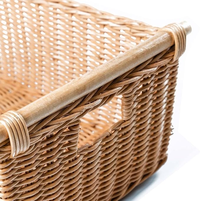 The Basket Lady Pole Handle Wicker Storage Basket, Small, 14 in L x 10 in W x 7.5 in H, Sandstone
