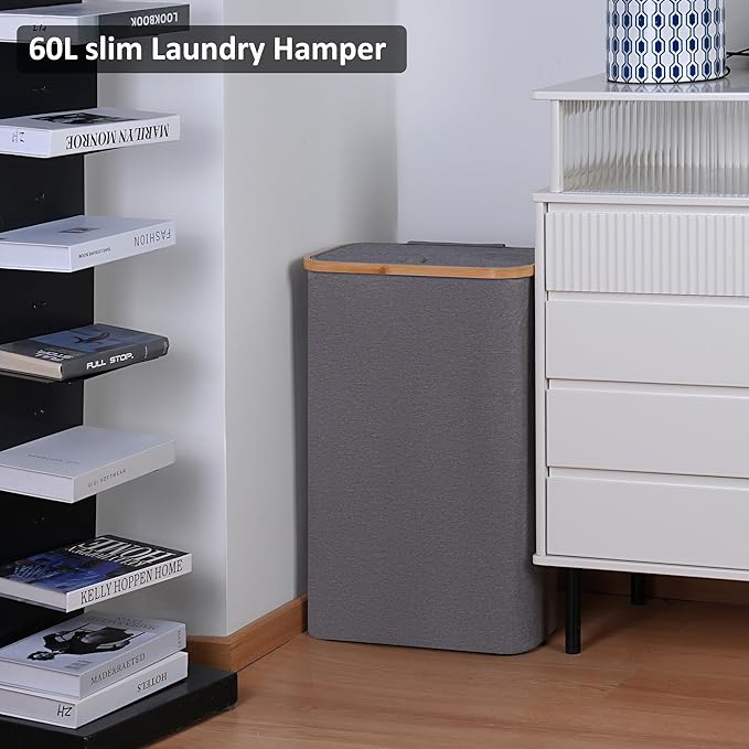Slim Laundry Basket,60L Laundry Hamper with Lid, Tall Hamper for Laundry,Dirty Cloth Hamper with Bamboo Handle for Toys,Towels, Clothes Organizing,Grey