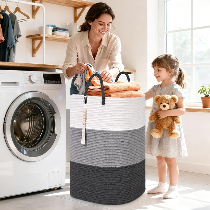 Woven Laundry Basket for Clothes,65 L Large Rectangle Laundry Hampers with Beads Tassel, Nursery Storage Basket for Toys, Tall Dirty Clothes Hamper for Bedroom Aesthetic, Laundry Room Organization